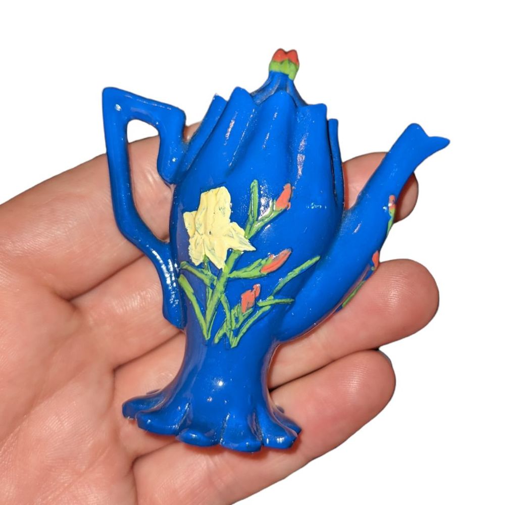 Miniature Teapot Figurine | Blue with Daffodil